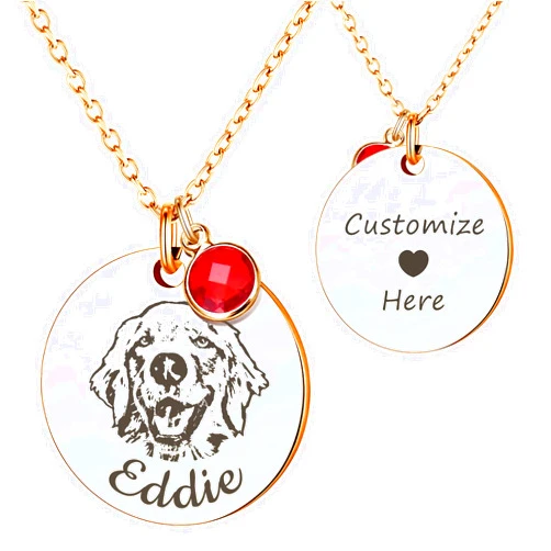 Anavia Personalized Pet Portrait Necklace, 12 Month of Birthstone Charm Options, Handmade Photo Custom Pet Memorial Jewelry Gift for Women Girls, Round Disc Coin Necklace for Dog Cat Lovers