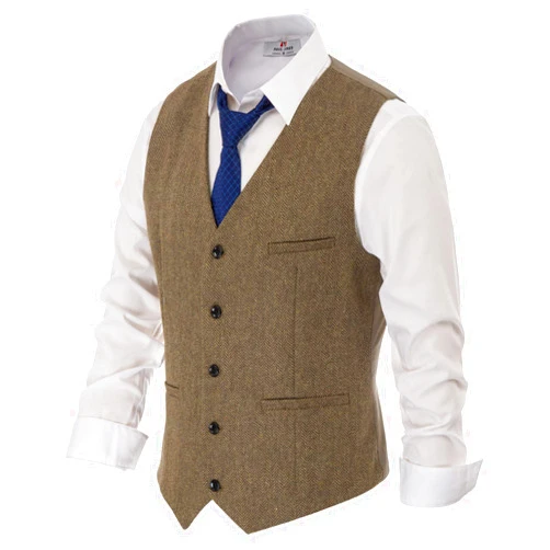 PJ PAUL JONES Men's Herringbone Tweed Suit Vest Casual Wool Blend Waistcoat