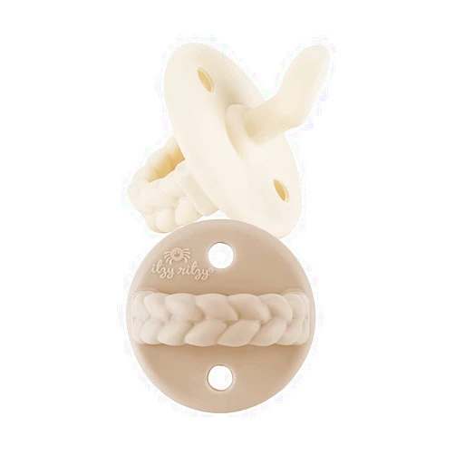 Itzy Ritzy Silicone Orthodontic Pacifiers - Sweetie Soother Pacifiers with Collapsible Handle & Two Air Holes for Added Safety, Baby Pacifiers for Ages 6-18 Months (Buttercream & Toast)