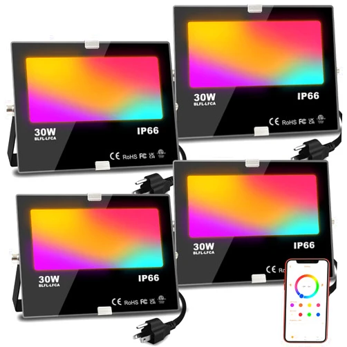 MELPO LED Flood Light Outdoor, 300W Equivalent 3000LM Smart RGB Landscape Lighting with APP Control, DIY Scenes - Timing - Warm White 2700K - Color Changing Uplight, IP66 Waterproof US Plug MELPO(4 Pack)