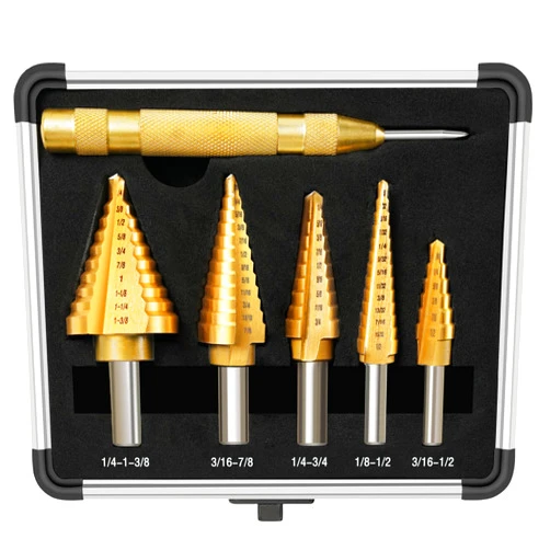 BeHappy Step Drill Bit Set, 5Pcs Titanium Step Drill Bit Set, High Speed Steel Step Drill Bits with Automatic Center Punch for Sheet Metal, Wood, Plastic, 50 Sizes with Aluminum Case for DIY