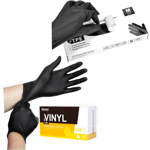 OKIAAS Black Disposable Gloves, Vinyl Gloves Disposable 100-Count, 5 mil & Black Plastic Gloves Disposable Latex Free, for Food preparation Medium
