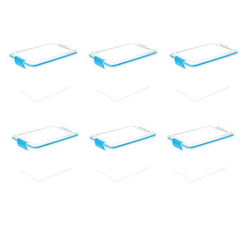 Sterilite 20 Qt Gasket Box, Stackable Storage Bin with Latching Lid and Tight Seal, Plastic Container to Organize Basement, Clear Base and Lid, 6-Pack
