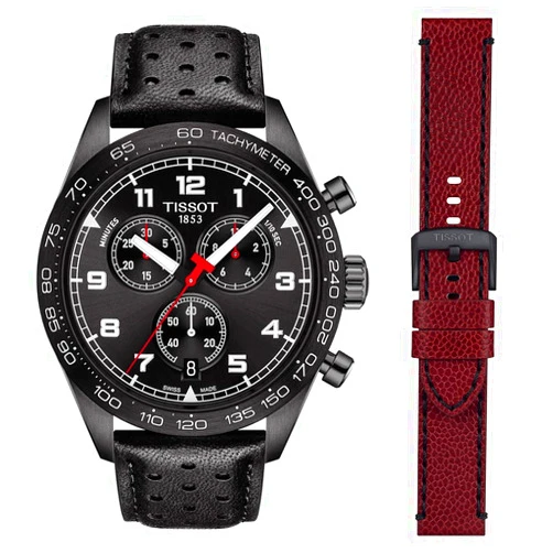 Tissot mens Tissot PRS 516 Chronograph 316L stainless steel case with black PVD coating Quartz Watch Set, Black, Leather, 22 (T1316173605200)