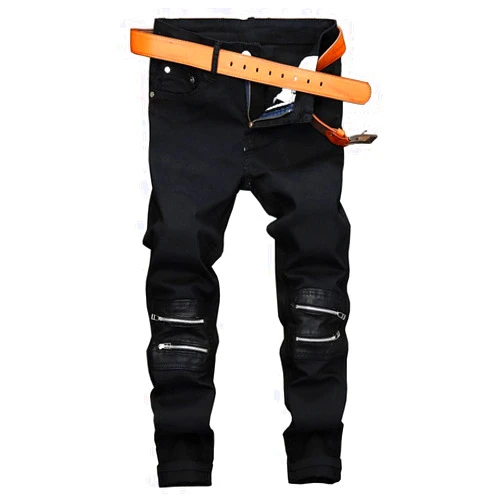 DSDZ Men's Ripped Patchwork Pleated Stretch Biker Jeans with Zippers