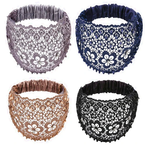 FZBNSRKO 4 Pcs lace headbands for women,Wide Floral Pearl Lace Elastic Headbands Hair Accessories for Women Fashion,Random color
