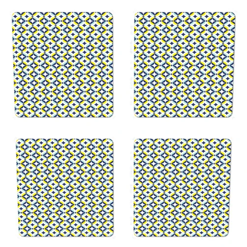 Lunarable Mid Century Modern Coaster Set of 4, Abstract Scandinavian Patterns, Square Hardboard Gloss Coasters for Drinks, Pale Mint Green Earth Yellow Indigo Seafoam