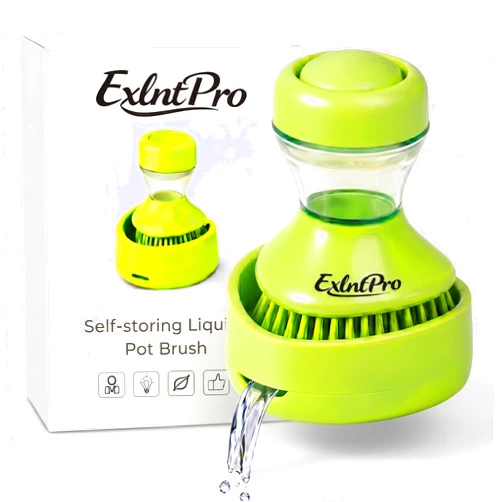 ExlntPro-Dish Brush with Soap Dispenser, Kitchen Scrub Brush with Holder & Drain Tray, Refillable Soap Dispensing Dish Scrubber for Pots, Pans & Sink Cleaning