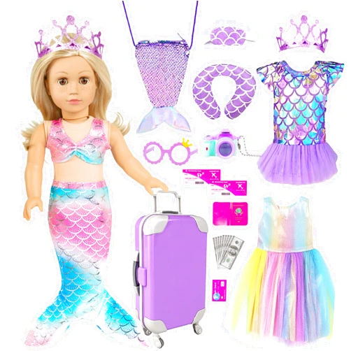 IBayda Mermaid 18 inch Doll Clothes and Doll Accessories Case Luggage Travel Play Set Include Suitcase, Dresses, Bag, Camera, Glasses, Pillow, Eyeshade Etc (No Doll)