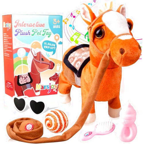 Marsjoy Walking Pony Toy Musical Singing Dancing Plush Interactive Pony Walk Along Horse with Leash Plush Stuffed Animal Shaking Head Buttocks Toy for Boy & Girl Kid Ages 3+ H: 11.81
