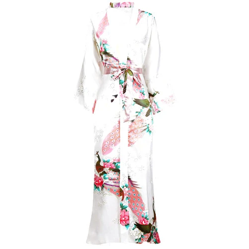 BABEYOND Women's Kimono Robe Long Satin Robes with Peacock and Blossoms Printed Kimono Nightgown