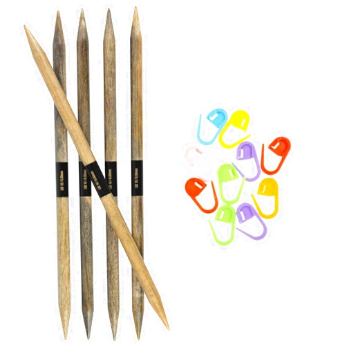 Lykke Knitting Needles DPN Double Pointed Driftwood 6 inches Long (15cm) (Set of 5) US 8 (5mm) with 10 Colorful Stitch Markers