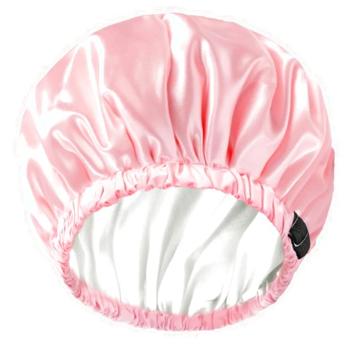 Amamba Shower Cap,100% Real Satin Lined Shower Cap,Extra Large Shower Cap for Women Reusable Waterproof,Adjustable Size&Long Hair Bath Caps（Pink）