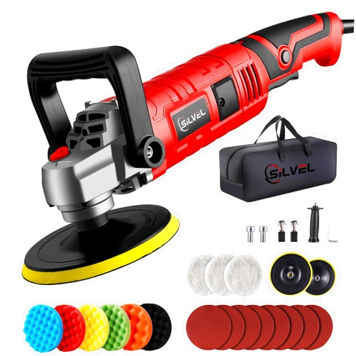 SILVEL Buffer Polisher, 1600W 7 Inch/6 Inch Polisher for Car Detailing, Wax Machine, 7 Variable Speed, with 6 Foam Pads, 3 Wool Pads, Packaging Bag, for Boat Polishing and Waxing, Red