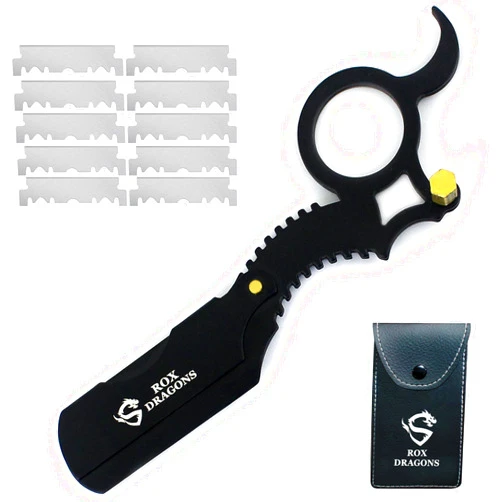 Rox Dragons Professional Straight Razor, Straight Razors For Men Beard Cut Throat Black Finger Barber Razor With 10 Single Edge Shaving Blades