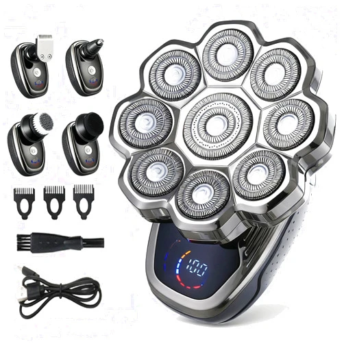 HAHAKEE 5-in-1 Electric Shaver for Men, Waterproof 9-Blade Razor Kit for Shaving Head & Face, LCD Display, Magnetic Head, Nose/Beard Trimmer, Cleaning & Massage Brush, Travel, 60min Runtime