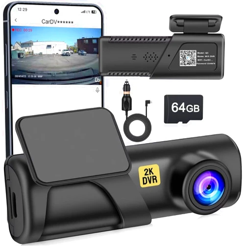 Slevnyen Dash Cam, 2K Dash Camera for Cars with WiFi FHD, Mini Car Camera, Dash Cam Front with Free 64GB SD Card, 160° Wide Angle,Night Vision,Loop Recording,24H Parking Monitor, Support 128GB （Black）