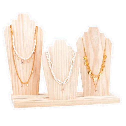 PH PandaHall Wood Necklace Display Stands with 3-Row Holder and 3 Removable Displays Wood Plank Necklace Storage Holder Bust Easel Jewelry Display for Necklaces, Rings Storage, Blanched Almond