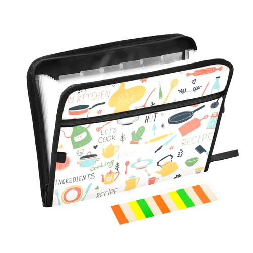 Quteprint 13 Pockets Expanding File Folder with Zipper Closure, Kitchen Icon Sets Recipe Accordion File Folder with Sticky Labels, Letter Size A4 Papers Expandable File Document Organizer