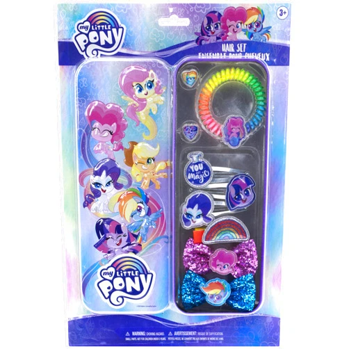 Townley Girl My Little Pony Hair Accessory Collection, 9 Pieces Including Hair Coil, Tin Case, Hair Clip, Snap Clips, Bows, and Rings