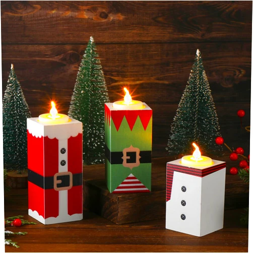 Viprest 3 Sets Christmas Tea Light Candle Holders with Led Candle Wooden Candle Holder Candy Character Decorative Candle Holders Candle Centerpieces Tables Candlestick Holders Christmas Decor Gift (Classic)