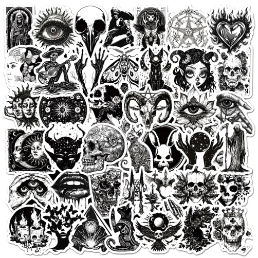 PNGIF 100Pcs Gothic Stickers Pack, Black and White Skull Stickers for Water Bottle Laptop Luggage Skateboard Planner Scrapbooking, Waterproof Vinyl Horror Decals for Teens Adults