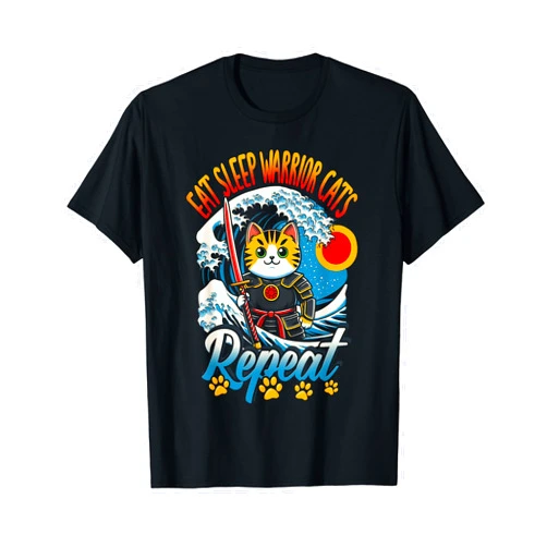 Calligraphy Art Great Wave Eat Sleep Warrior Cat Repeat T-Shirt