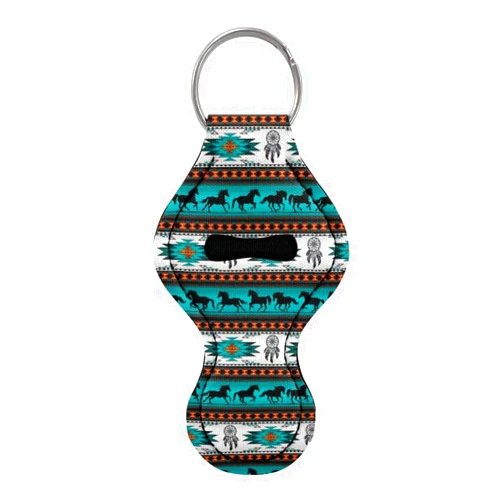 SEANATIVE Aztec Horse Turquoise Print Chapstick Holder Keychain for Women Lip Balm Pouch Clip-on Sleeve Lipstick Holder with Keyring