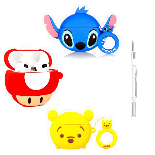 XMBYGY (3Pack) Case for AirPods 3rd Generation with Cleaning kit, XMBYGY Cute Skin Design Silicone Cartoon Charging Case Protective Covers with Keychain for AirPods 3 Earbuds (W+M+S)