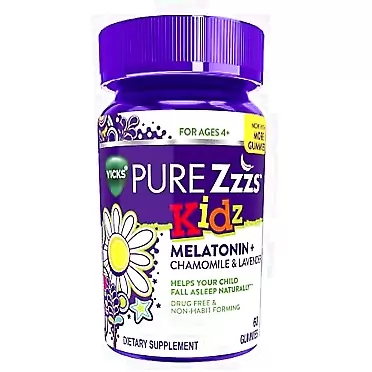 Vicks Pure Zzzs Kidz, Melatonin Sleep Aid for Kids Berry Chamomile & Lavender 60 Count