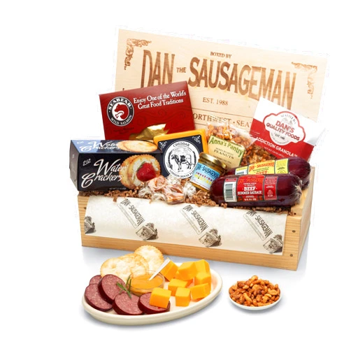 Dan the Sausageman's Favorite Gourmet Gift Basket Featuring Smoked Summer Sausage, Savory SeaBear Salmon, Wisconsin Cheese, Sweet Hot Mustard, and a Reuseable Keepsake Wood Pine Crate
