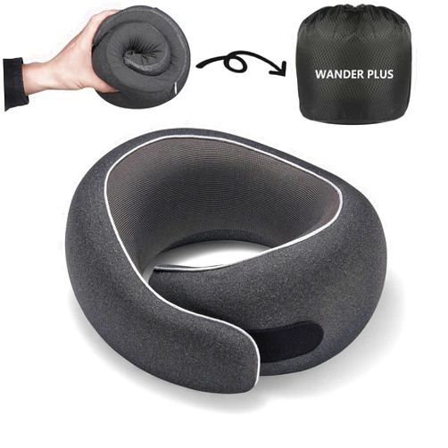 WANDER PLUS® Travel Pillow, 100% Pure Memory Foam Travel Neck Pillow Airplane Neck Support Ergonomic Design Best for Sleeping Plane Car Train Office Flight for Adults Black