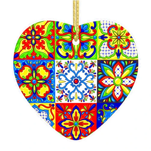 Radmag Mexican Talavera Ceramic Tile Personalized Christmas Ornaments,Heart Ceramic Decorative Hanging Ornaments,Christmas Tree Decorations,Christmas Ornament for Home Holiday Decor