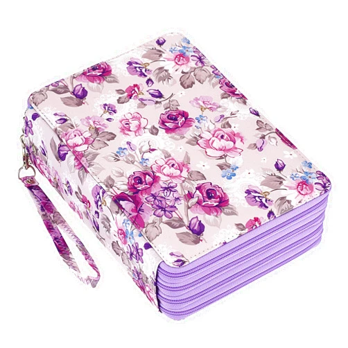 BTSKY Colored Pencil Case- 200 Slots Pencil Holder Pen Bag Large Capacity Pencil Organizer with Handle Strap Handy Colored Pencil Box with Printing Pattern (Purple Flower)