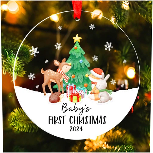 9CLEVER Woodland Baby's First Christmas Ornament 2024, Baby 1st Christmas, New Baby Ornament for Girls Boys, Keepsake Pregnancy Newborn Baby Ornaments, Christmas Tree Hanging Decorations Acrylic Ornament