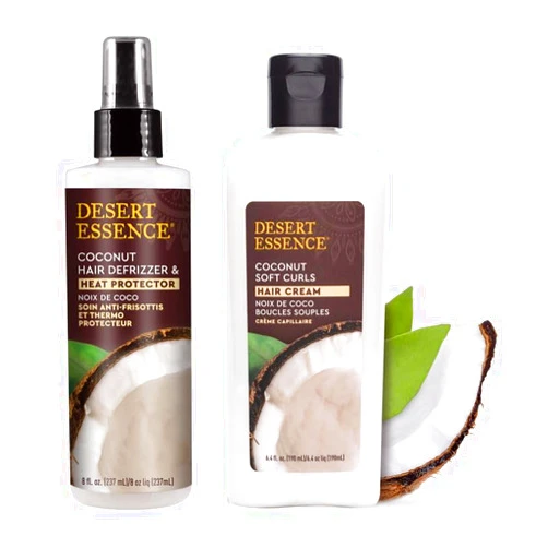 Desert Essence Coconut Soft Curls Hair Cream and Coconut Hair Defrizzer Heat Protector Bundle