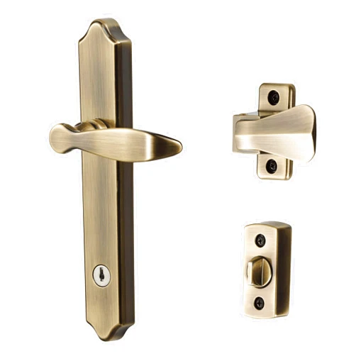 Ideal Security Surface Mount Storm Door Handle with Lock and Key for 1 – 1 ½ inches Thick Doors (Antique Brass, 4-Posts)