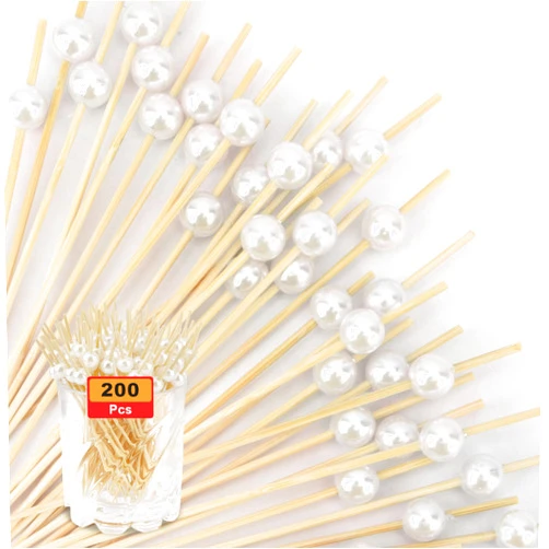 Cidenbio Cocktail Picks 200PCS, Toothpicks for Appetizers, Tooth Picks Wooden, 4.7 Inches Skewers Sticks for Fruit Drinks Food, Party Supplies White Pearl Bamboo Toothpicks Charcuterie Boards Accessories