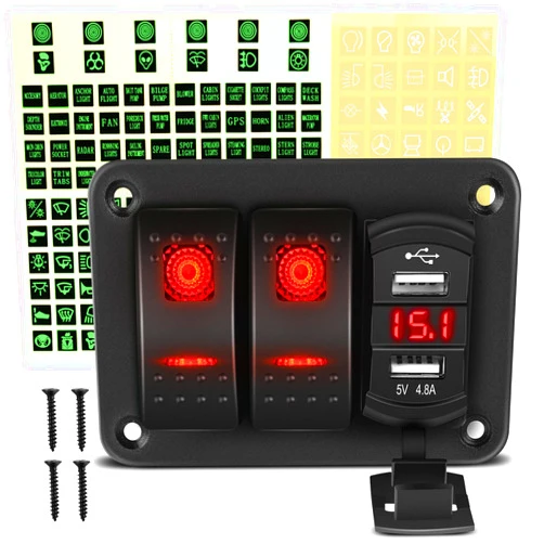 GOOACC 2 Gang Rocker Switch Panel Red Backlit with 4.8 Amp Dual USB Charger Voltmeter Waterproof 12V 24V DC Rocker Switch with Night Glow Stickers for Car Trucks Boats RVs,2 Years Warranty