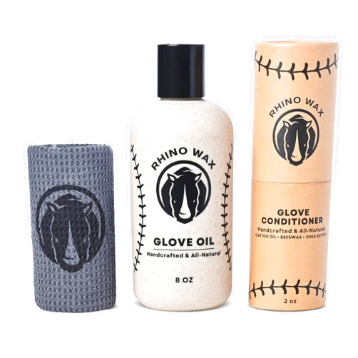 Rhino Wax Baseball Glove Maintenance Starter Kit - Includes: Baseball Glove Oil (8 oz) + Baseball Glove Conditioner (2 oz) + Microfiber Cloth - Condition, Preserve, Protect Your Mitt - Made in USA