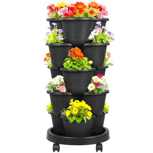 VECELO 5 Tier Vertical Garden Planter, Self Watering Stackable Planters with Wheels for Strawberries, Herbs, Flowers, Vegetables, Black
