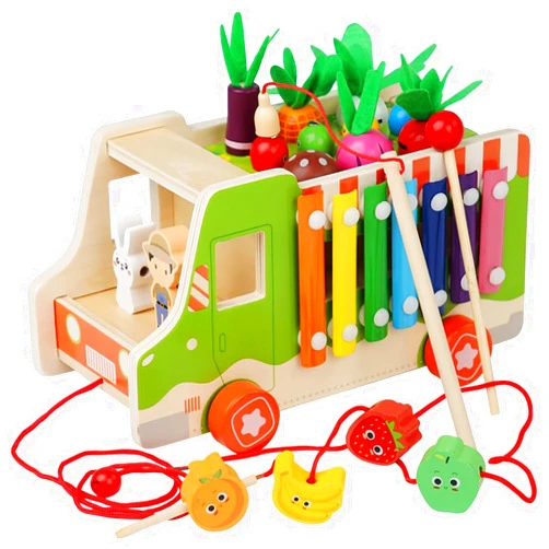 Lexza Wooden Multi-Functional Fruit and Vegetable Cart, Hammer Xylophone Toy Sorting and Stacking Toys, Farm Fruit Cognitive Shape Matching, Wooden Montessori Toys for 1-3 Year Old