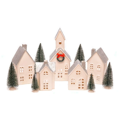 Mark Feldstein & Associates Silver Rooftopped Village with Trees, White Porcelain LED Holiday Figurines, 16 Piece Set, 11 Inch