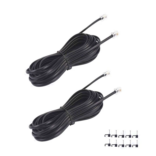 YIENFBEV 15FT Telephone Extension Cord Cable, Landline Phone Line Wire with RJ11 6P4C Plugs, Includes Cable Clips - Black - 2 Pack