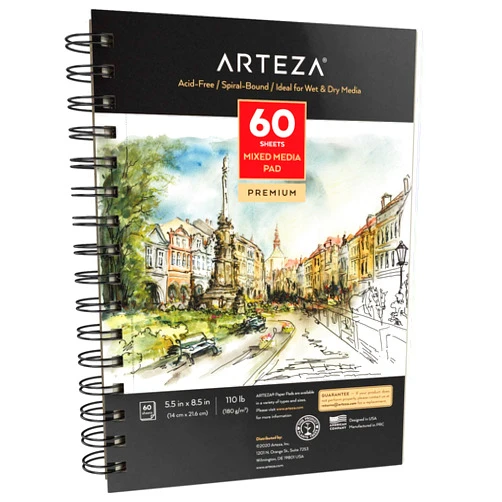 ARTEZA Mixed Media Sketchbook, 5.5 x 8.5 Inches, Pack of 1, 60 Sheets, Micro-Perforated Spiral-Bound Paper Pad for Wet and Dry Media
