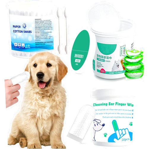 Qiveaory Pet Ear Wipes Kit Cat and Dog Ear Cleaner Wipes Multipurpose Grooming 50Pcs Finger Wipes+150Pcs Cleansing Pads+56Pcs Gourd Shaped Cotton Swabs Odor Control Reduce Dirt and Itch Relief