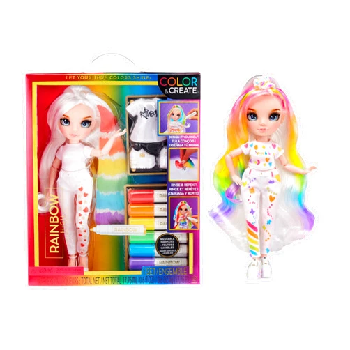Rainbow High Color & Create Fashion DIY Doll with Blue Eyes, Straight Hair, Bonus Top & Shoes, Washable Rainbow Markers. Color, Create, Play, Rinse and Repeat. Creative 4-12+