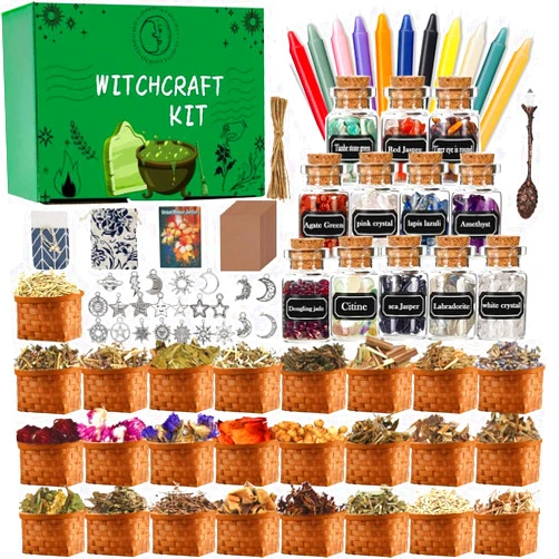 IRmm Witchcraft Supplies Kit, 85 PCS Wiccan Supplies and Tools, Include Dried Herbs, Crystal Jars, Colored Candles and Parchments, for Beginners Witches Pagan Altar Decor