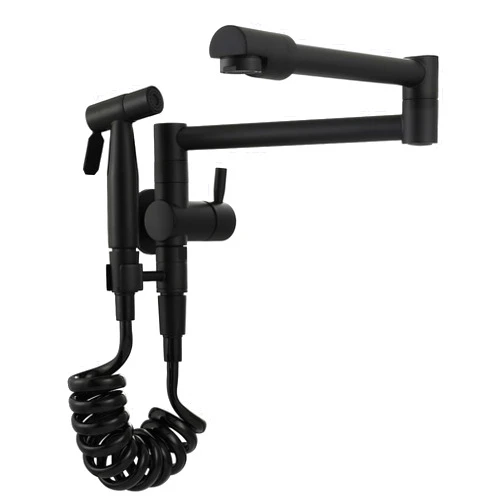 Biveah Black Pot Filler, Biveah Brass Single Handle Retractable Wall Mount Kitchen Sink Faucet with Side Sprayer, KLB002B