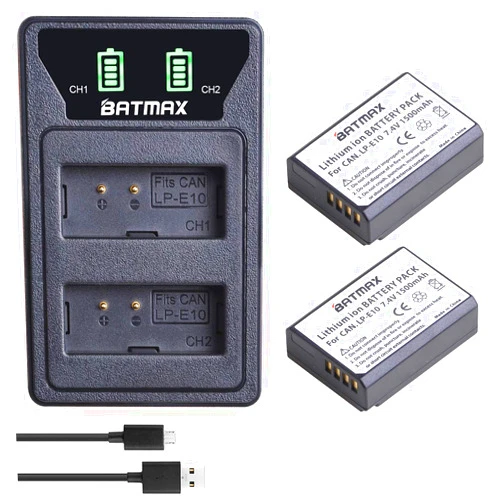 Batmax 2 Packs LP-E10 LP E10 Battery + LED Dual Built-in USB Charger with Type C Port for Canon EOS Rebel T3 T5 T6 T7, T100, EOS 4000D 2000D 1500D 1300D 1200D 1100D, Kiss X50 X70 X80 X90 Cameras